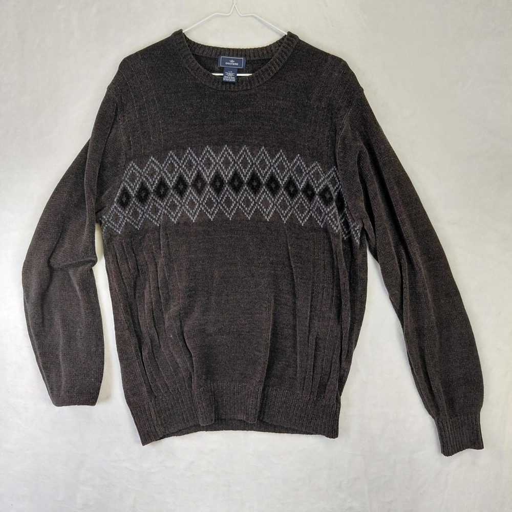 Dockers Mens Brown Argyle Chenille Crewneck Sweater Large Pullover Knit